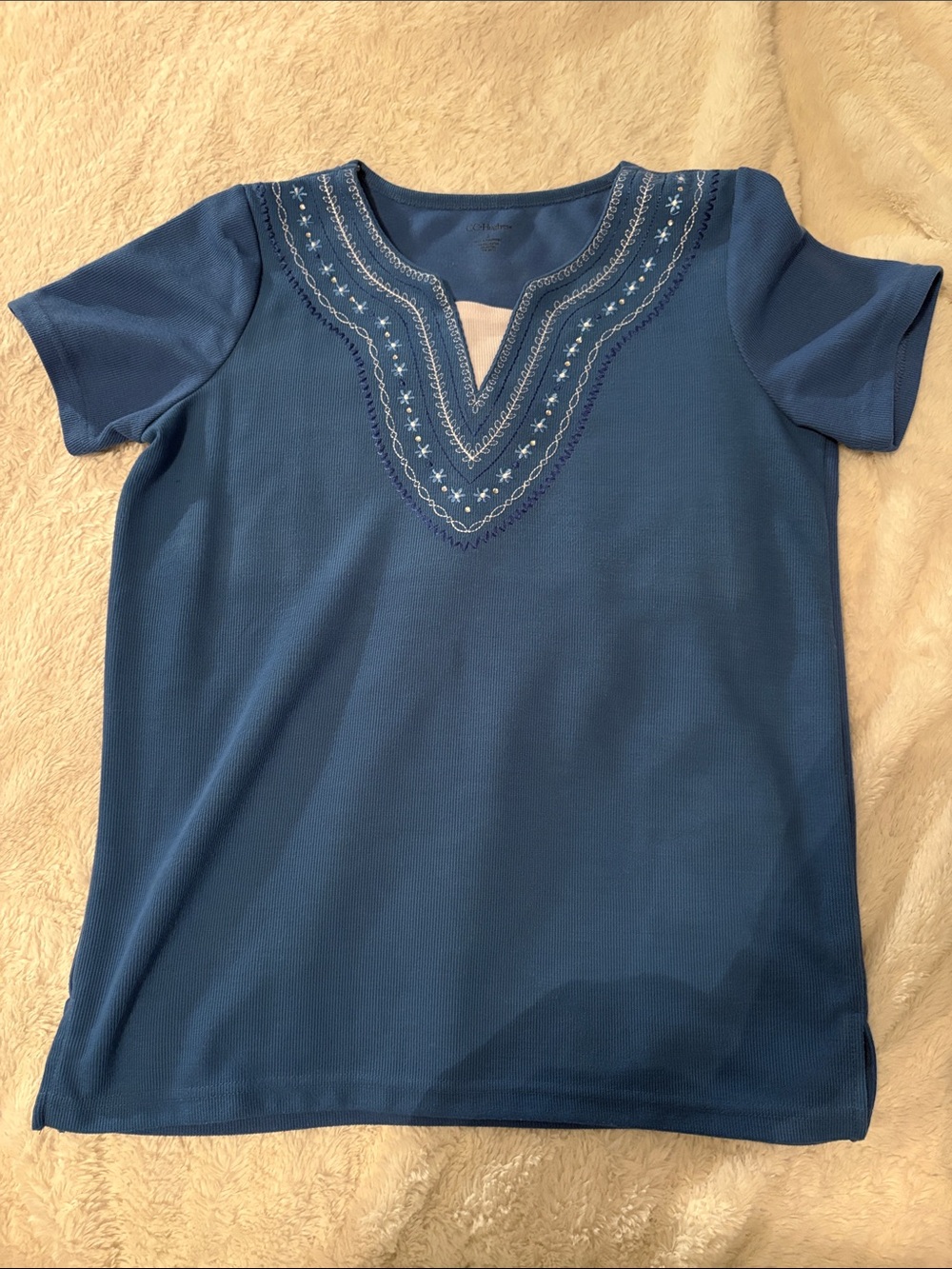 Embroidered V-Neck Short Sleeve Tee in Blue
